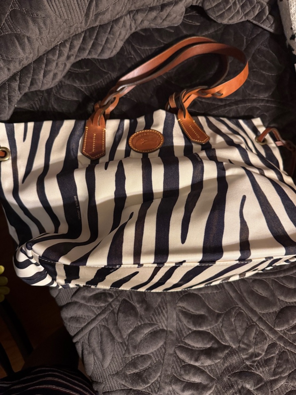 Dooney & Bourke black and White Zebra Stripe Tote with Brown Leather Handles